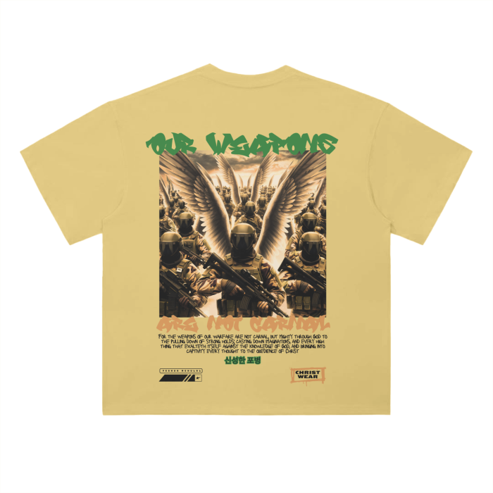 Christian Loose Fit Drop Shoul,Faith-Based Streetwear Tee,Our Weapons of Warfare Are Not,100% Cotton Unisex Tee,Drop Shoulder Christian Appare,Faith-Powered Street Style Tee